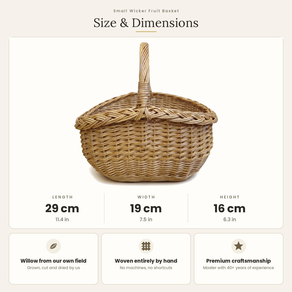 Size chart for the small oval wicker basket with handle showing 29 cm length, 19 cm width and 16 cm height