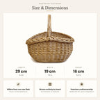 Size chart for the small oval wicker basket with handle showing 29 cm length, 19 cm width and 16 cm height