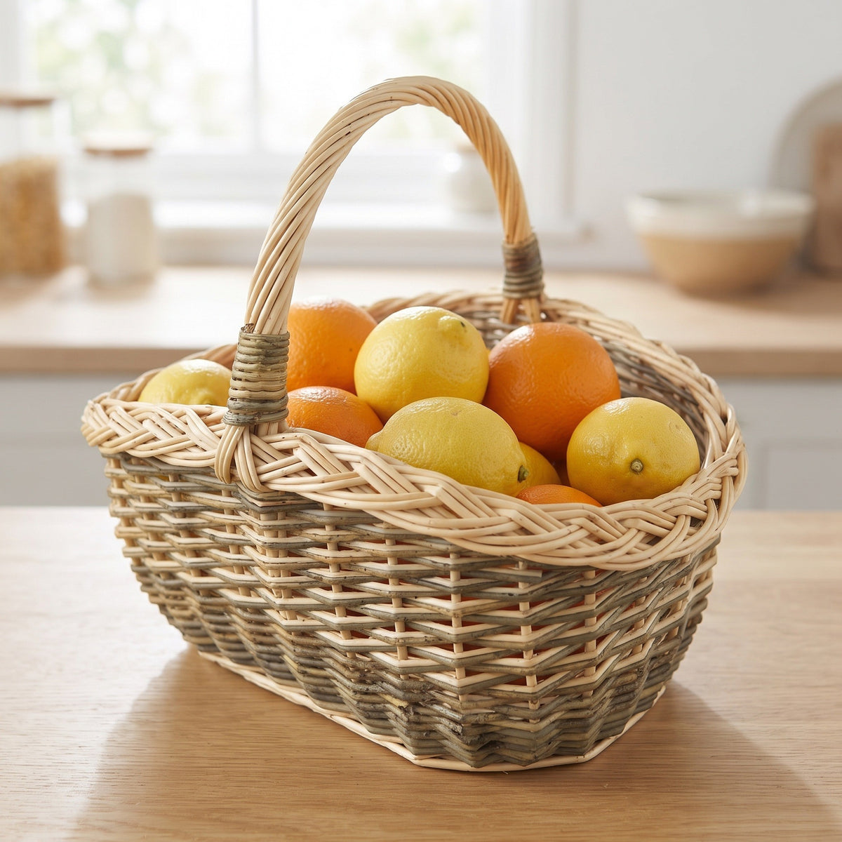 Small wicker fruit basket with a braided rim holding oranges and lemons on a light wooden kitchen counter by the window