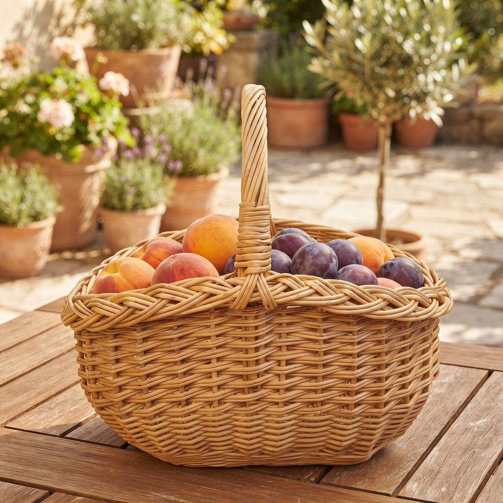Oval willow basket with handle filled with peaches and plums on a wooden table on a sunny terrace with potted plants