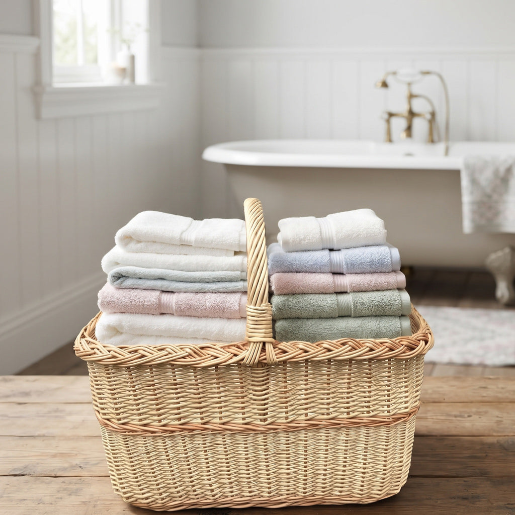Rectangular wicker bathroom basket with handle holding stacked folded towels on a wooden bench beside a vintage bathtub.