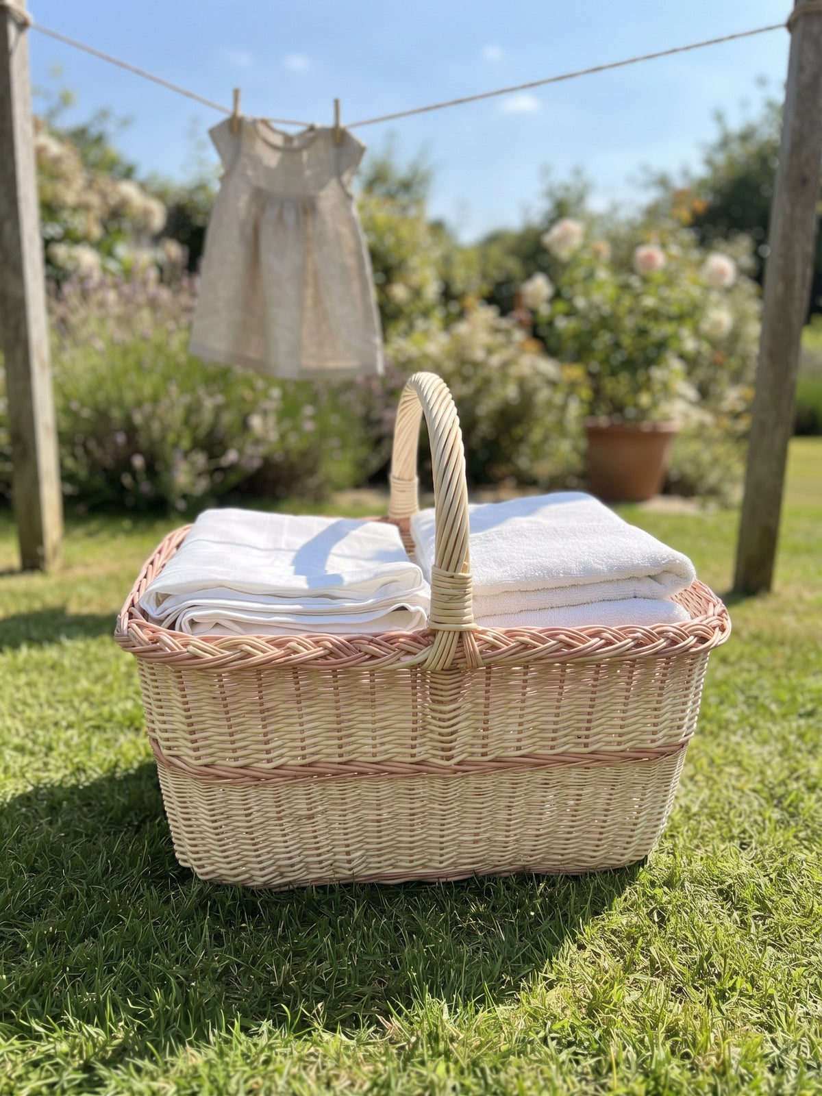 Rectangular handwoven willow laundry basket with handle holding folded white linen on the lawn beside a washing line in a garden.