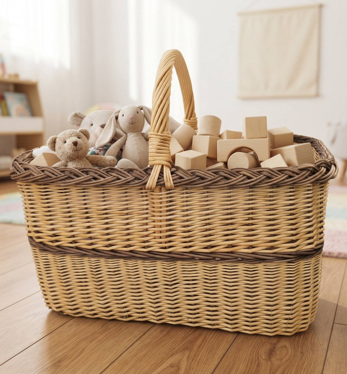 Large rectangular willow toy storage basket with handle filled with teddy bears and wooden building blocks in a bright playroom.