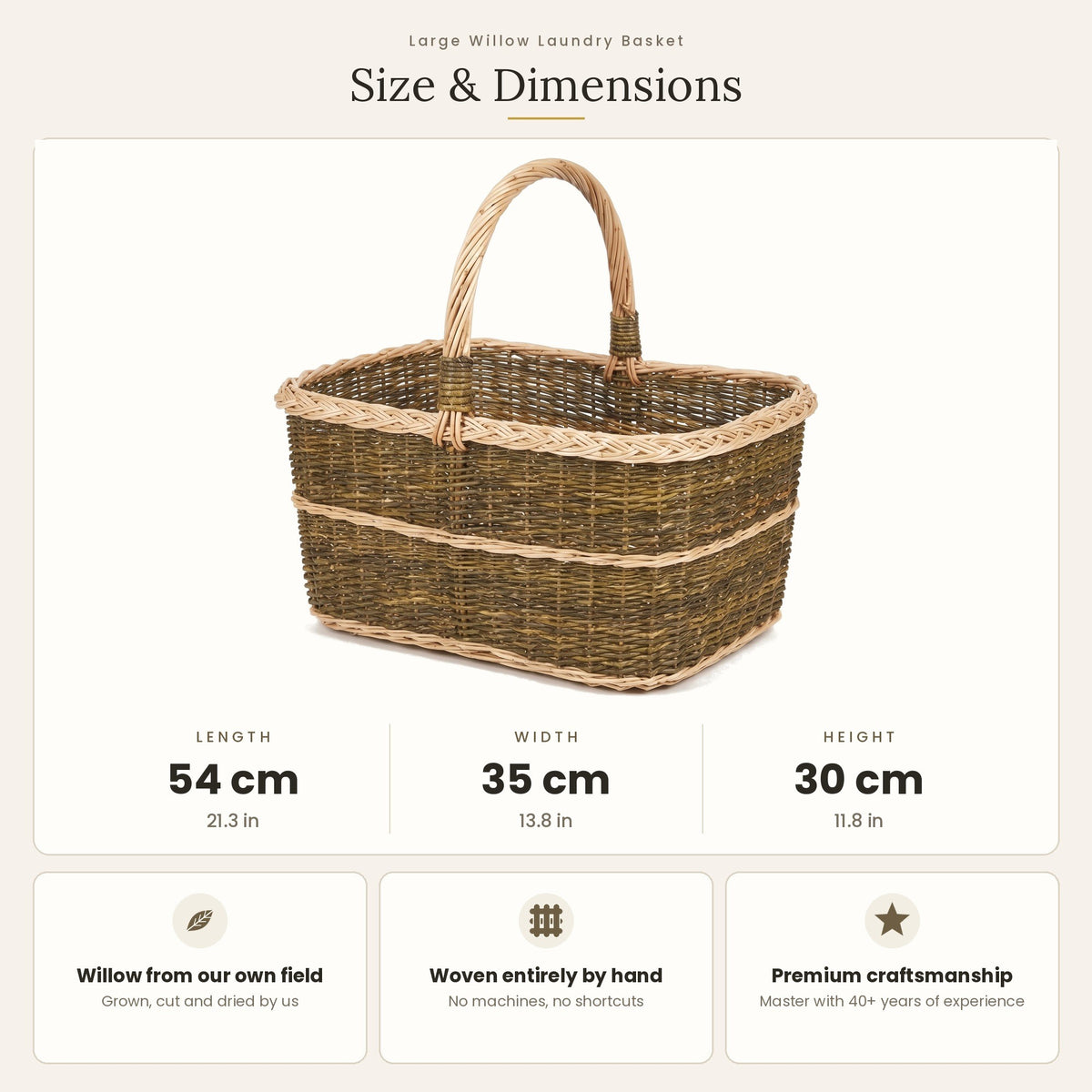 Size chart for the large blanket basket with handle showing 54 cm length, 35 cm width and 30 cm height.