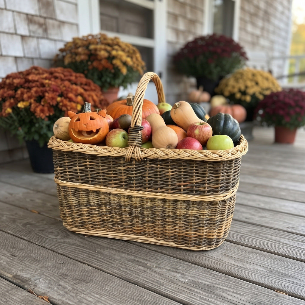 Large handwoven willow basket with handle full of pumpkins, squash and apples on a wooden porch surrounded by autumn chrysanthemums.