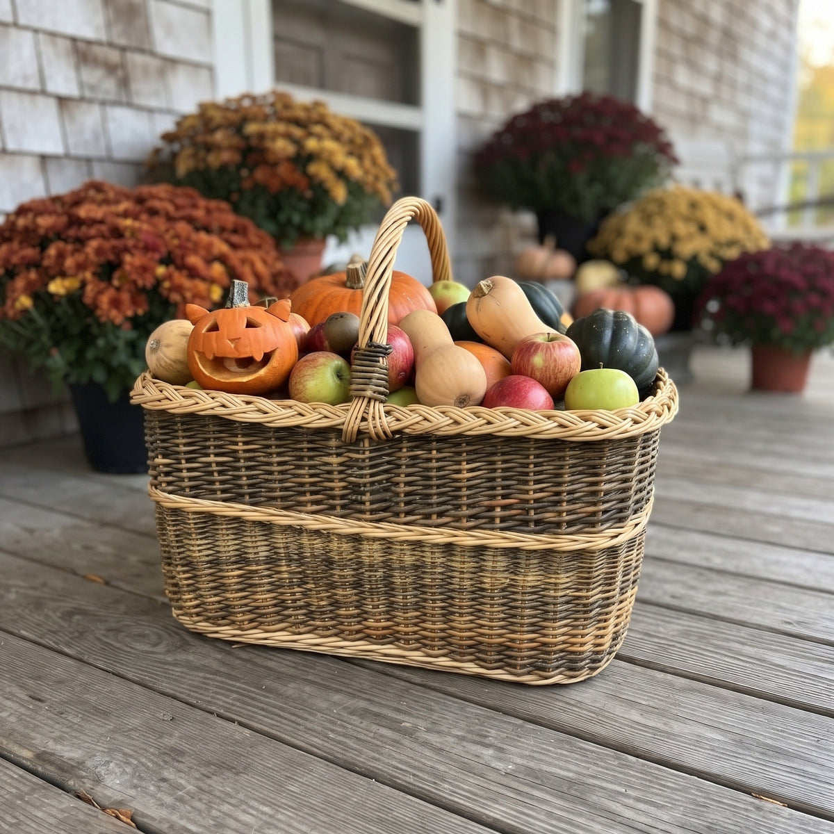 Large handwoven willow basket with handle full of pumpkins, squash and apples on a wooden porch surrounded by autumn chrysanthemums.