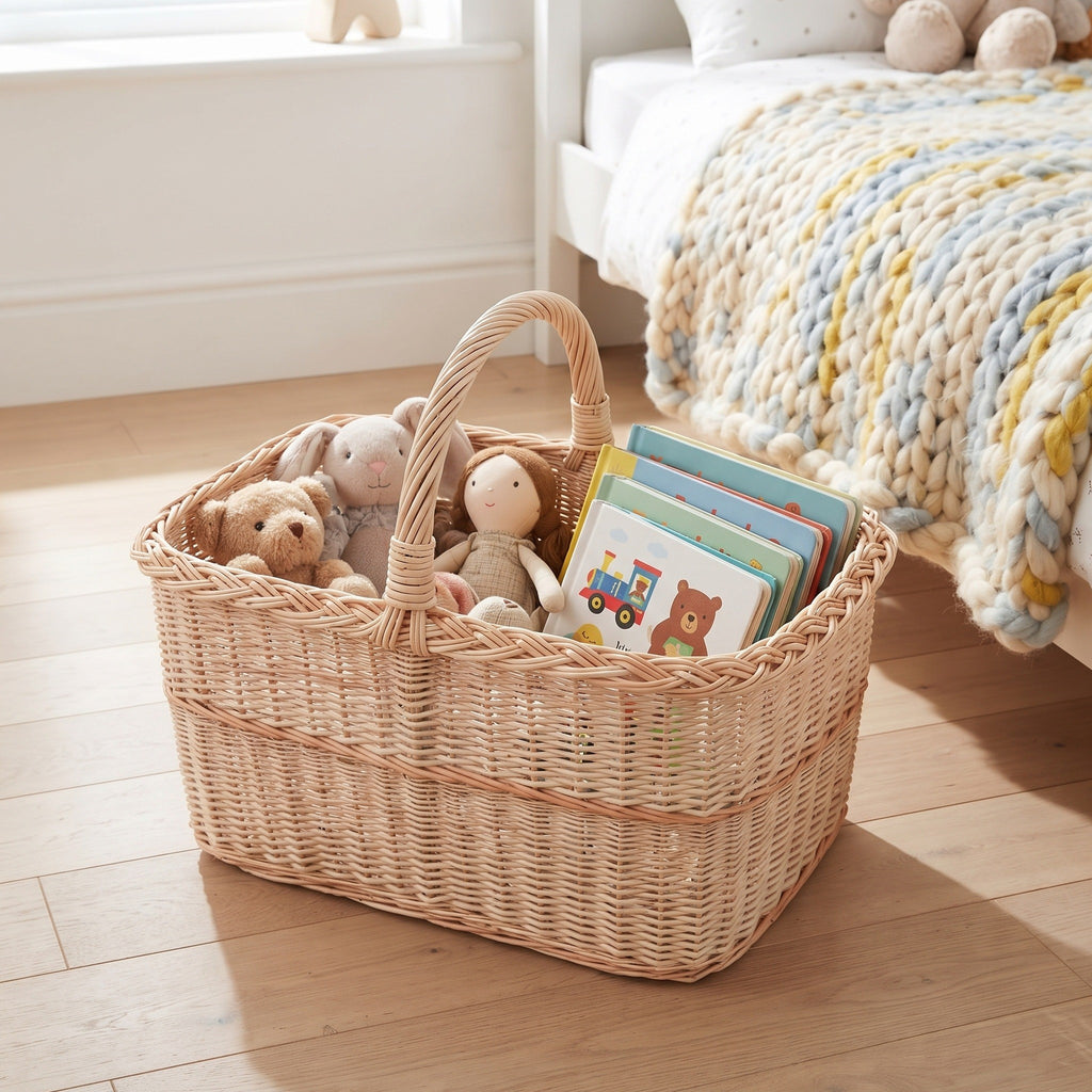 Large willow toy basket with handle holding soft toys and picture books on a wooden floor in a child's bedroom.