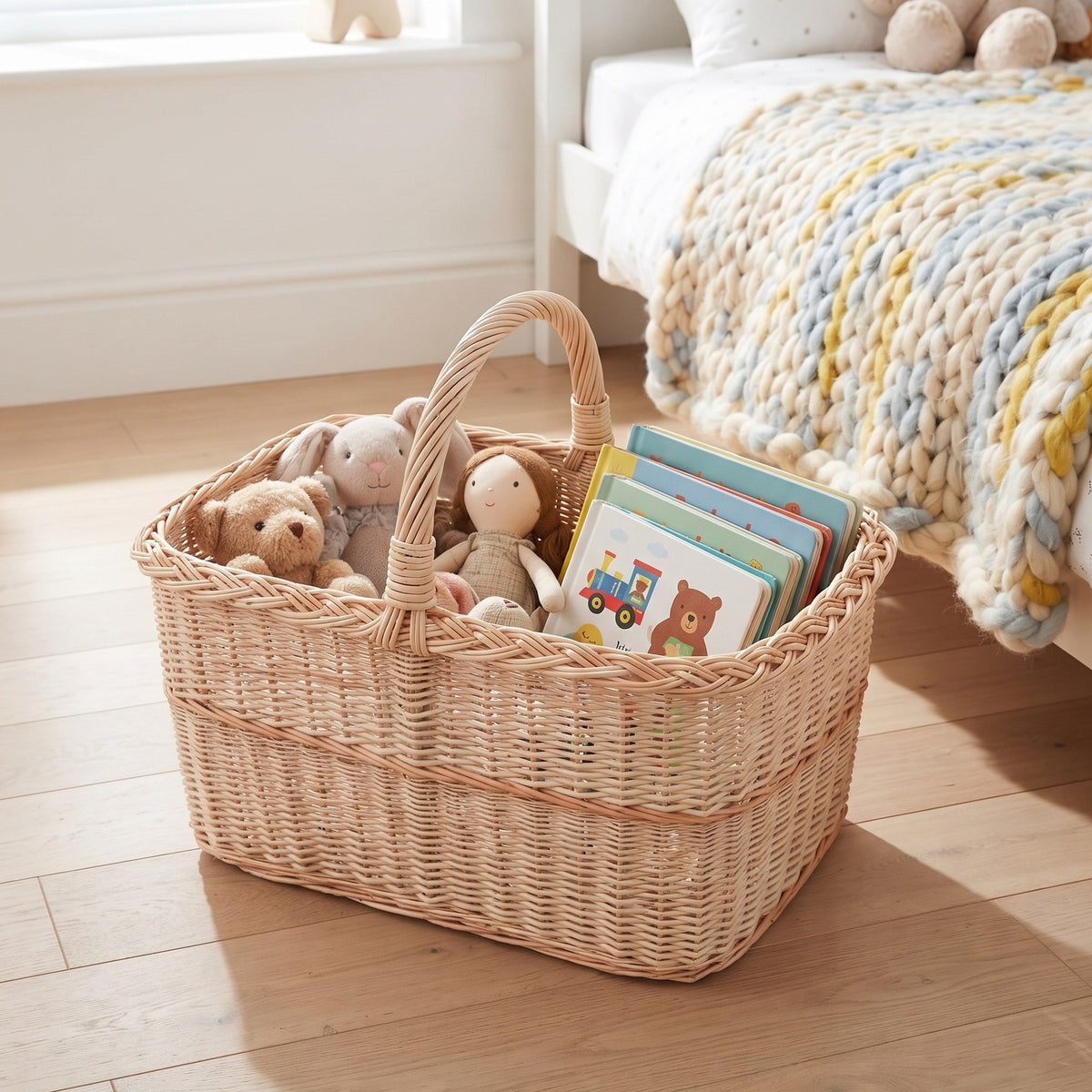 Large willow toy basket with handle holding soft toys and picture books on a wooden floor in a child's bedroom.