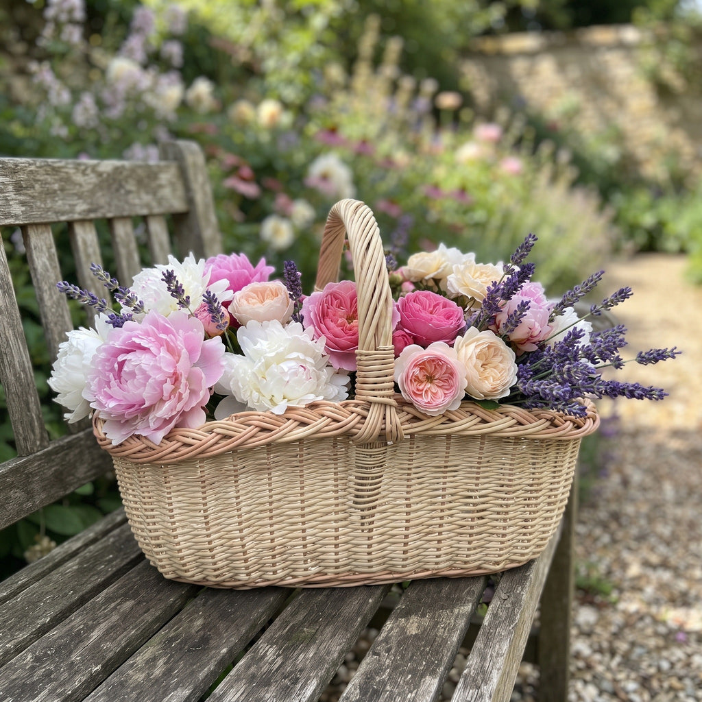 Rectangular wicker picnic basket with handle, handwoven from willow and filled with peonies, roses and lavender on a garden bench by a flower border.