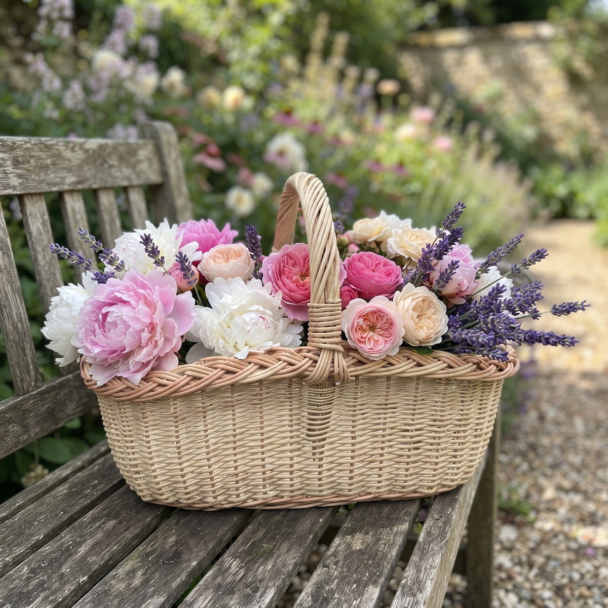 Rectangular wicker picnic basket with handle, handwoven from willow and filled with peonies, roses and lavender on a garden bench by a flower border.