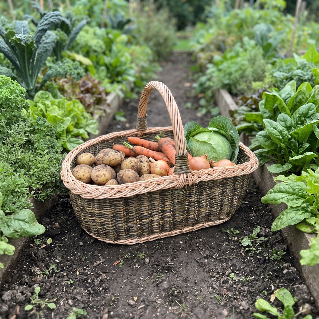 Handwoven willow produce basket filled with potatoes, carrots, onions and a cabbage between raised vegetable beds in a kitchen garden.