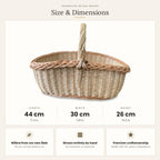 Size chart for the handwoven wicker basket showing 44 cm length, 30 cm width and 26 cm height, with notes on willow grown and woven by hand.