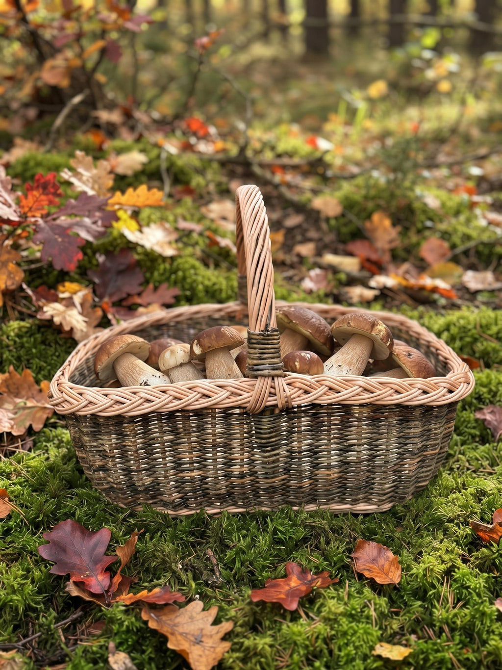 Rectangular handwoven basket filled with wild porcini mushrooms on moss and autumn leaves on the forest floor.