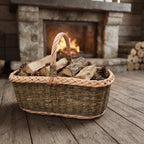 Rectangular willow basket used as a log basket, filled with firewood and pine cones in front of a stone fireplace with a burning fire.