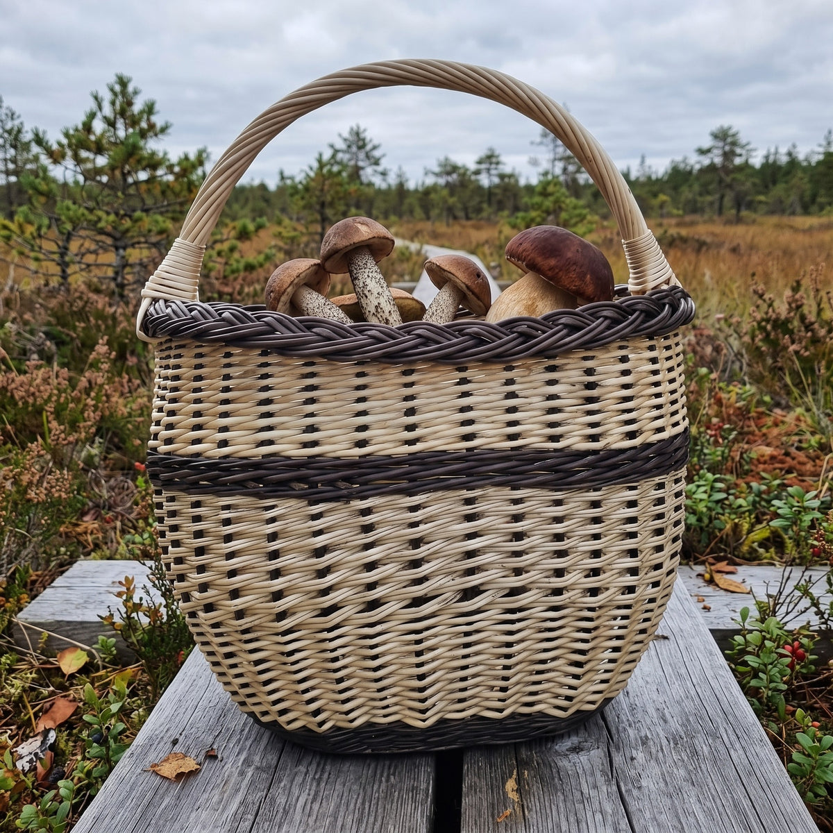 Egg gathering basket with tall handle filled with porcini mushrooms, a deep oval wicker willow basket on a wooden boardwalk in a bog.