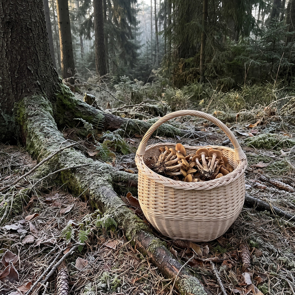 Deep oval wicker foraging basket with a tall handle holding wild honey mushrooms among tree roots in a frosty pine forest.