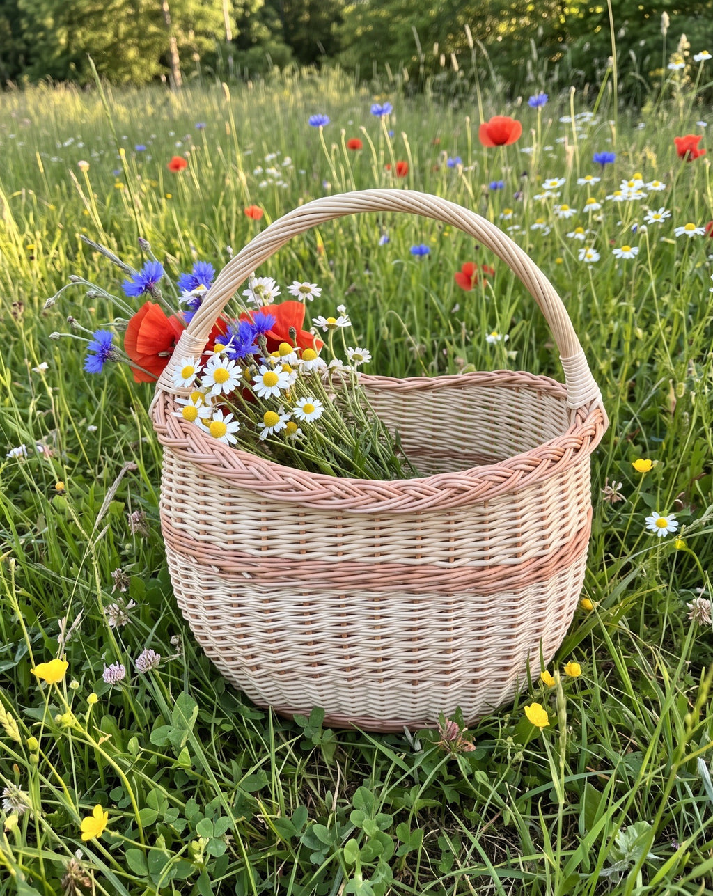 Oval willow foraging basket with tall handle holding a bunch of cornflowers, poppies and daisies in a summer wildflower meadow.