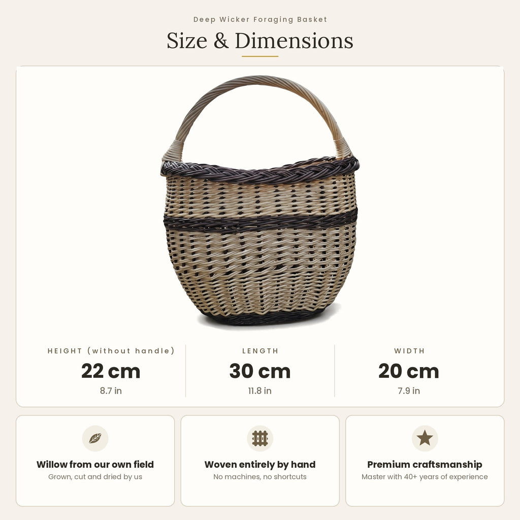 Size chart for the deep oval egg gathering basket showing 22 cm height without handle, 30 cm length and 20 cm width.