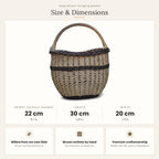Size chart for the deep oval egg gathering basket showing 22 cm height without handle, 30 cm length and 20 cm width.