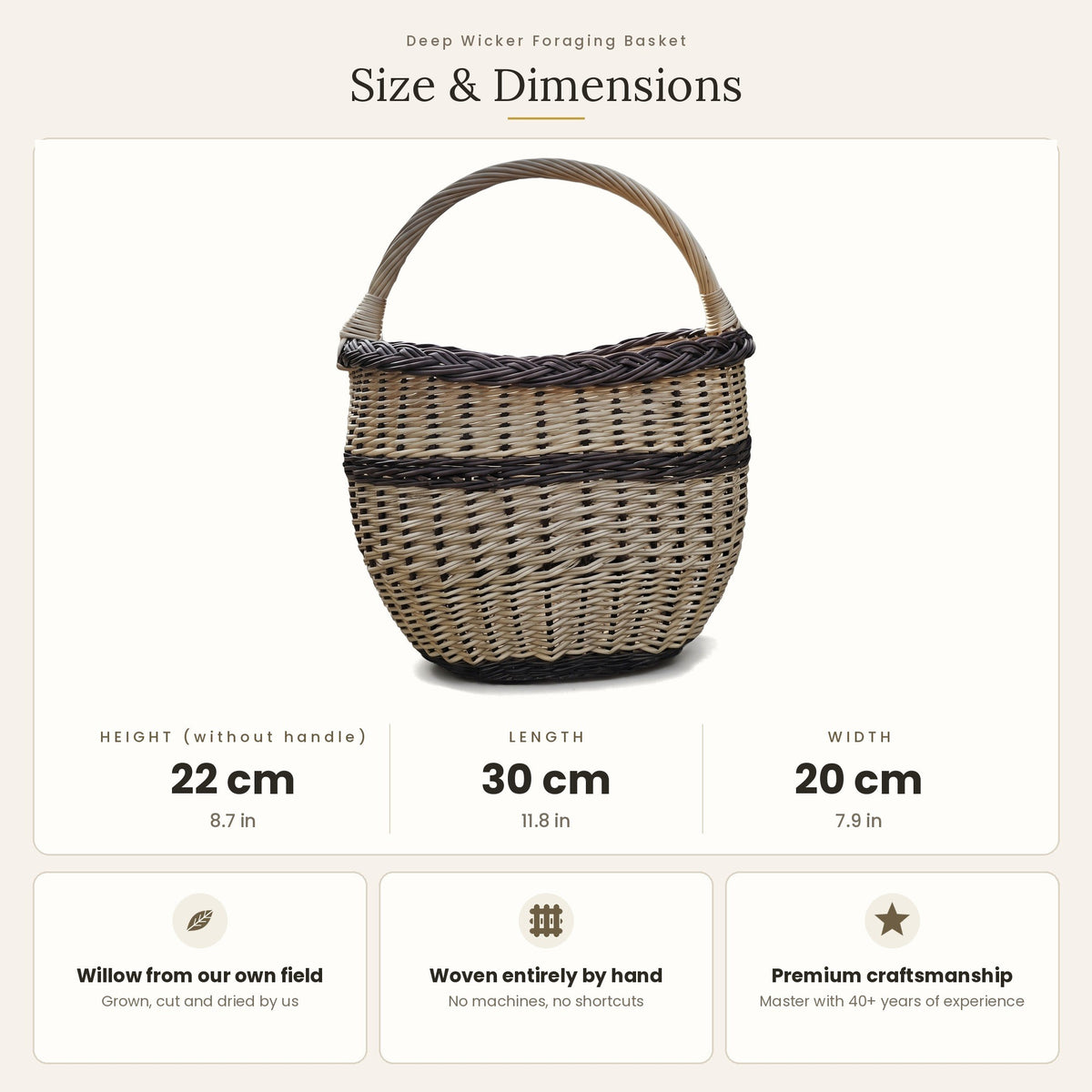 Size chart for the deep oval egg gathering basket showing 22 cm height without handle, 30 cm length and 20 cm width.