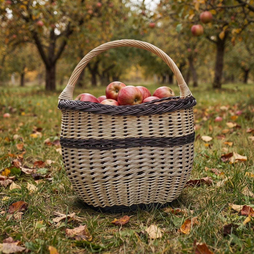 Oval wicker egg and harvest basket with tall handle full of red apples on fallen leaves in an autumn orchard.