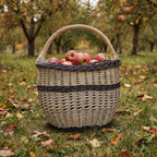 Oval wicker egg and harvest basket with tall handle full of red apples on fallen leaves in an autumn orchard.