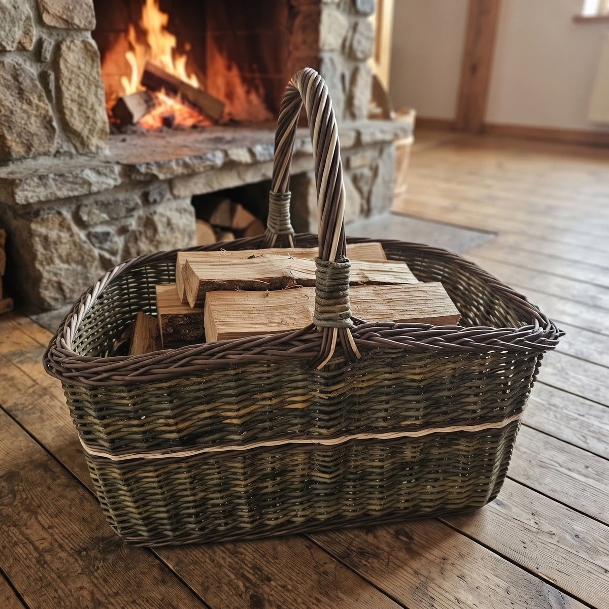 Large wicker firewood basket with handle stacked with split logs on a wooden floor in front of a stone fireplace