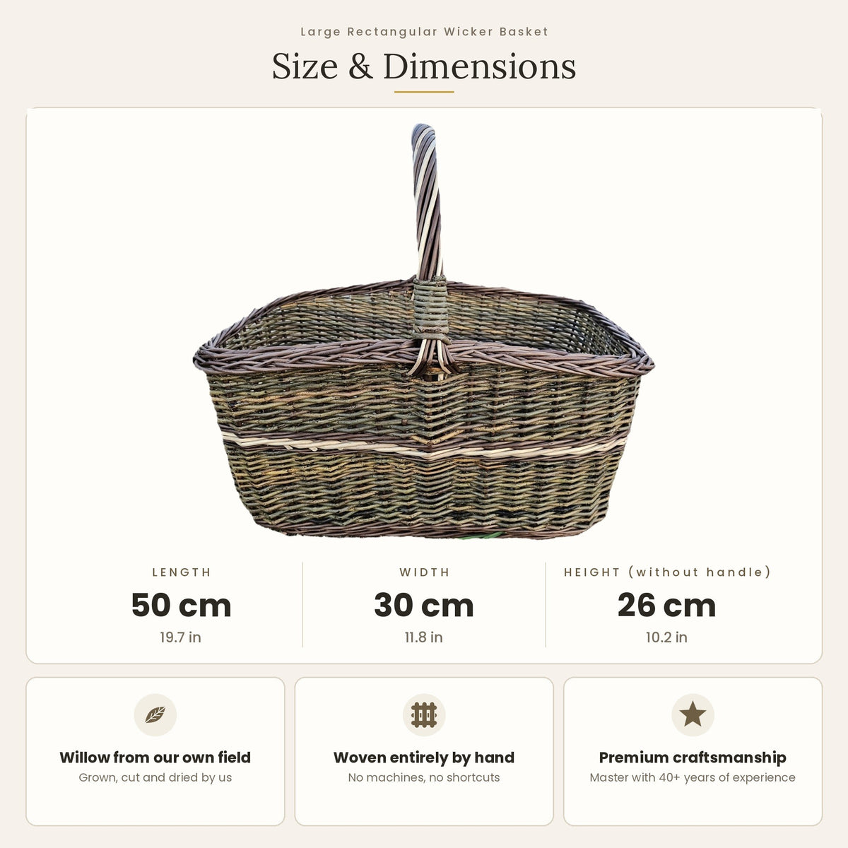Size chart for the large rectangular wicker firewood basket showing 50 cm length, 30 cm width and 26 cm height without handle