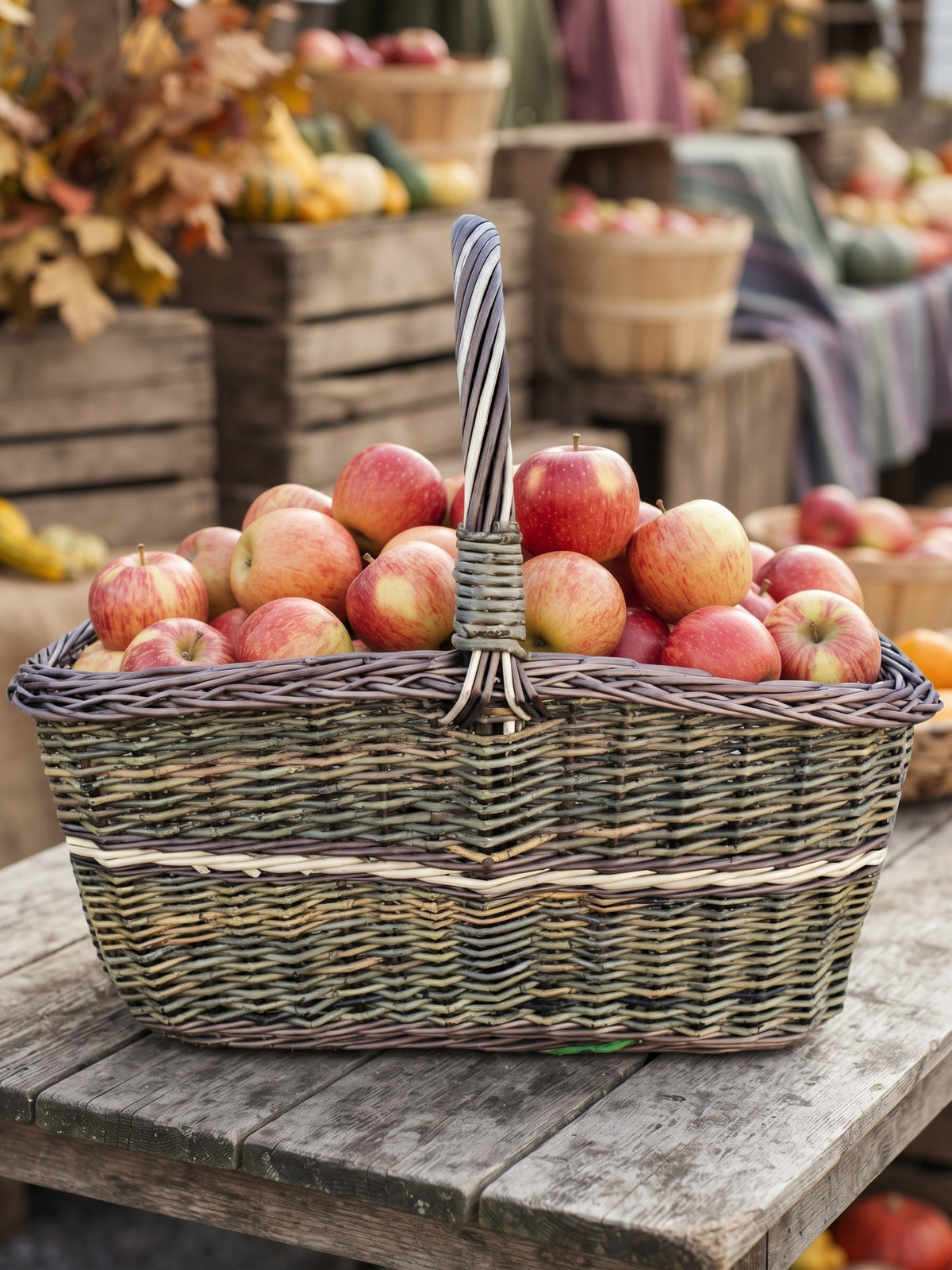 Großer Marktkorb mit gedrehtem Henkel voller roter Äpfel auf einem rustikalen Tisch beim herbstlichen Bauernmarkt