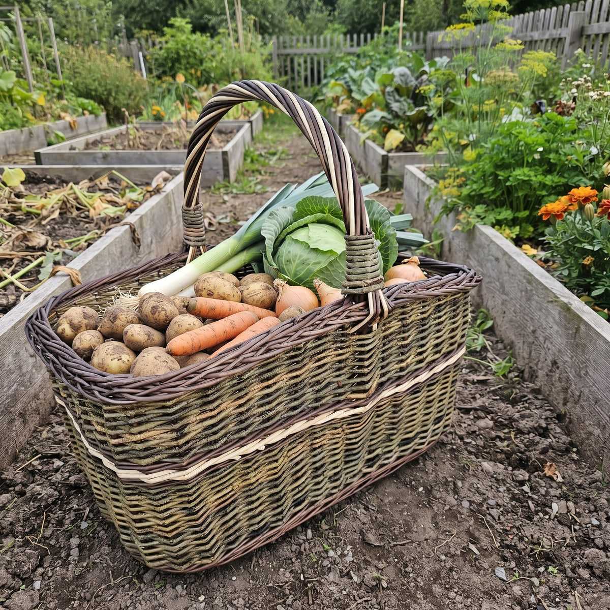 Großer Erntekorb mit Henkel, gefüllt mit Kartoffeln, Möhren, Lauch und Kohl, zwischen Hochbeeten