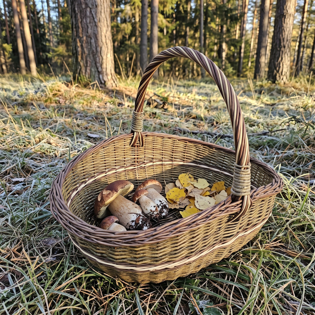 Großer ovaler Erntekorb aus Weide mit Steinpilzen und Herbstlaub auf bereiftem Gras im Kiefernwald