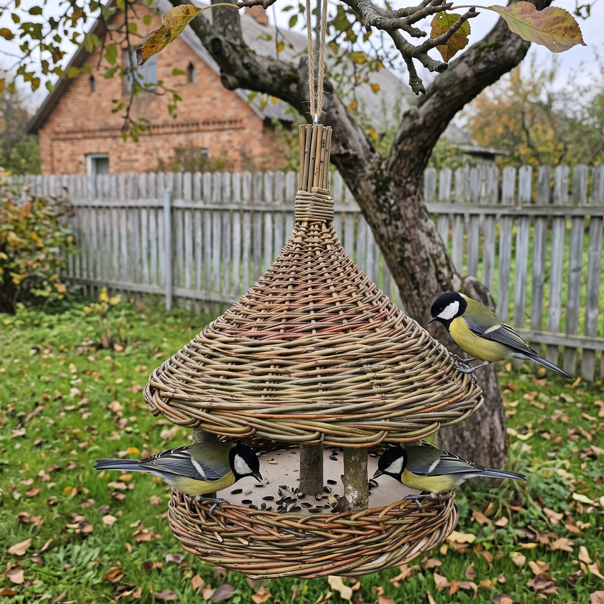 Handwoven willow bird feeder hanging from an apple tree in a cottage garden, three great tits feeding at the seed tray by a wooden fence.