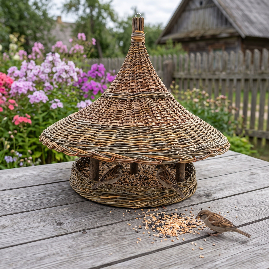 Extra large handwoven willow pagoda bird feeder with a tall pointed roof on a rustic garden table, a sparrow pecking seed beside it