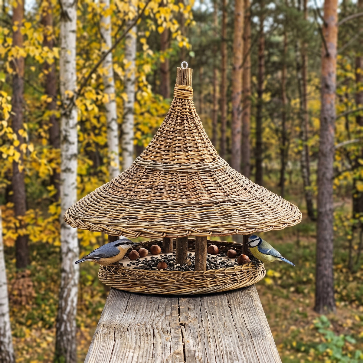 Large handwoven pagoda bird feeder on a wooden post in an autumn birch and pine wood, with a nuthatch and a blue tit feeding