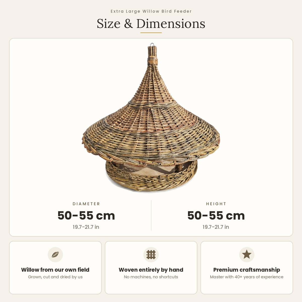 Size chart for the extra large willow pagoda bird feeder showing 50–55 cm diameter and 50–55 cm height