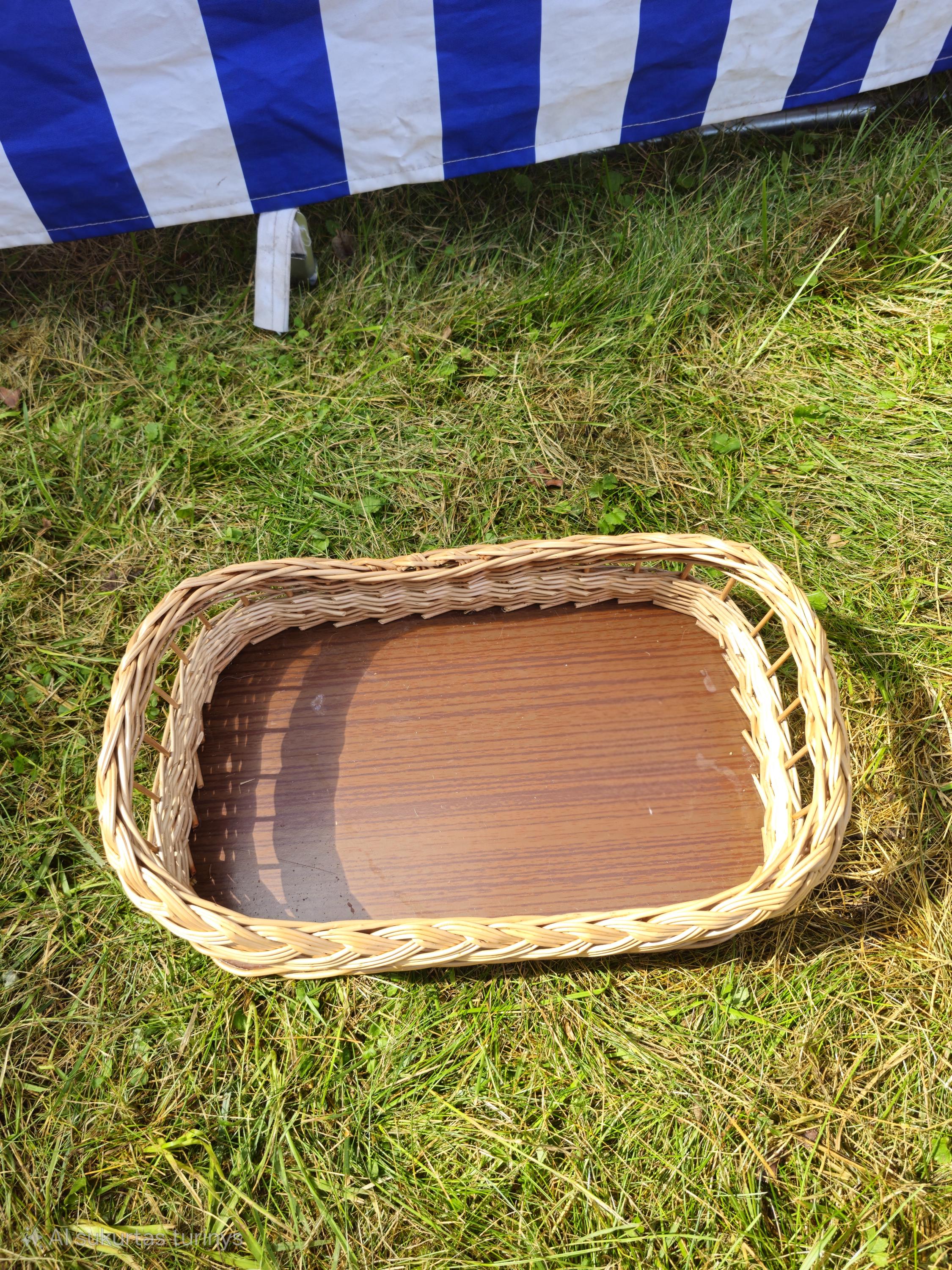 Wicker Serving Tray with Wooden Base