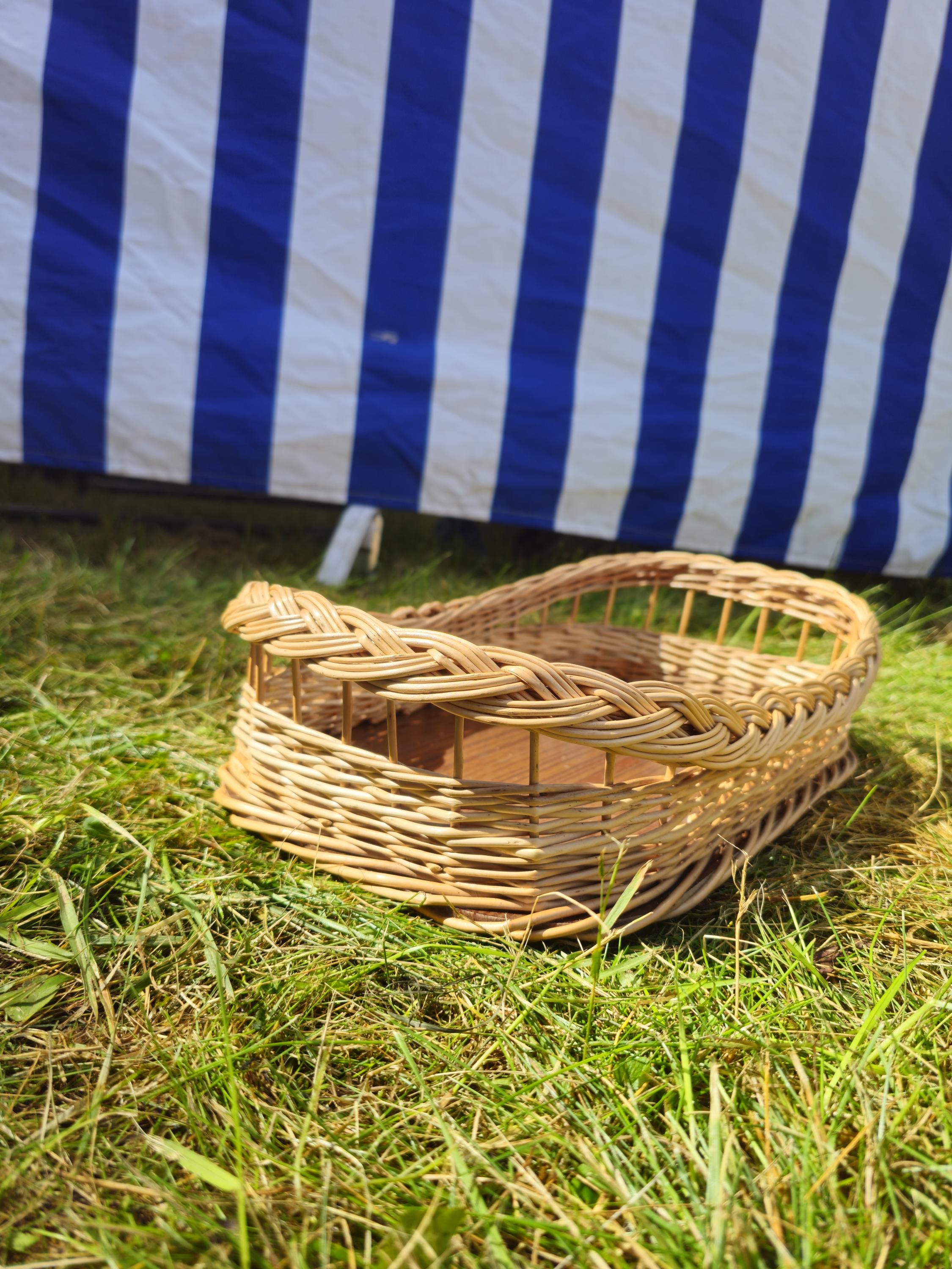 Wicker Serving Tray with Wooden Base