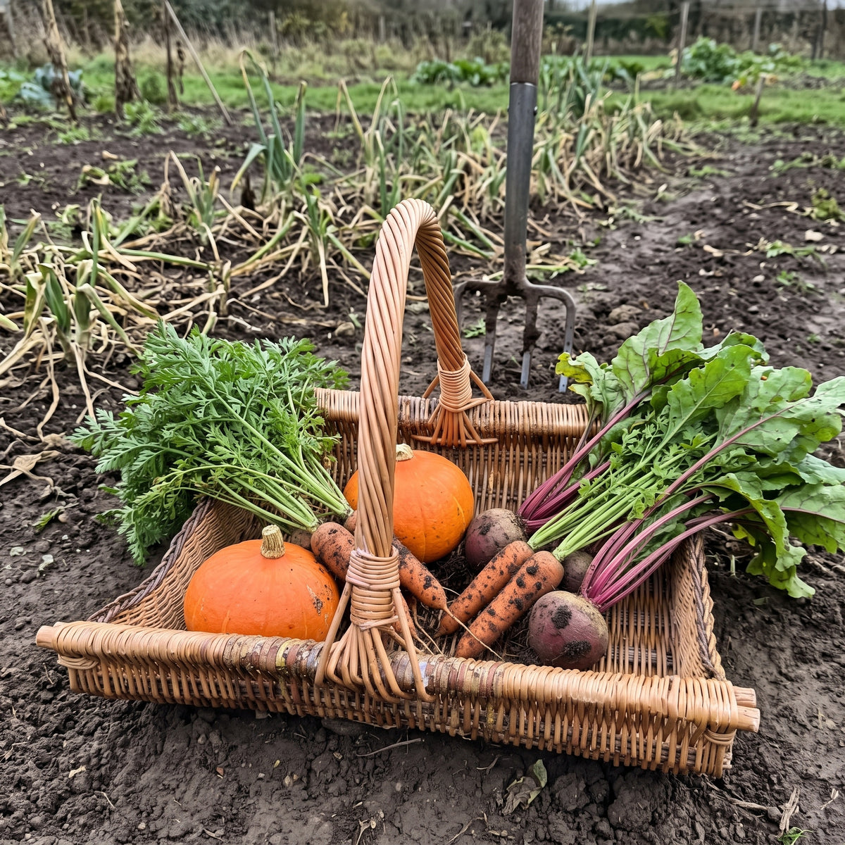 Handwoven willow harvest trug with a tall handle full of pumpkins, carrots, beetroot and greens on soil in a vegetable patch