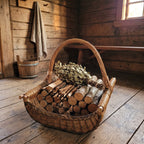 Large wicker log carrier with a tall arched handle filled with split birch logs and a sauna whisk on the wooden floor of a rustic sauna