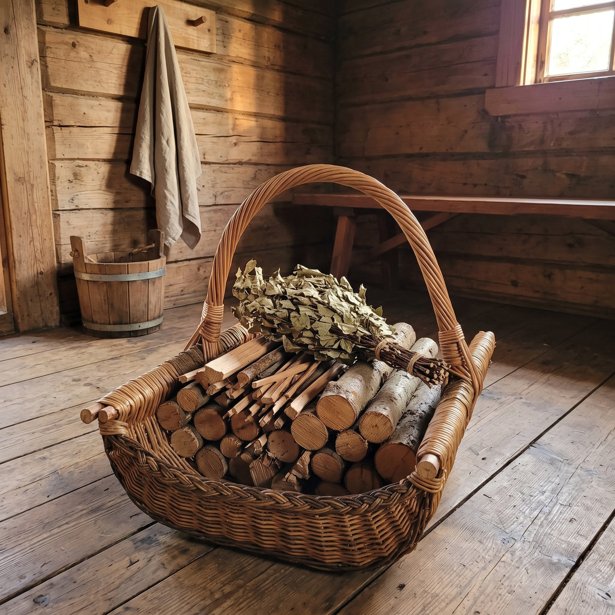Large wicker log carrier with a tall arched handle filled with split birch logs and a sauna whisk on the wooden floor of a rustic sauna