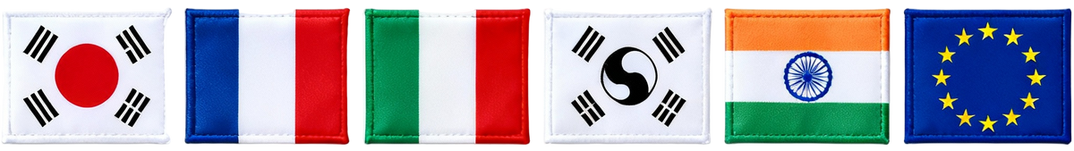 Set of flags including South Korea, Italy, and the European Union on a white background