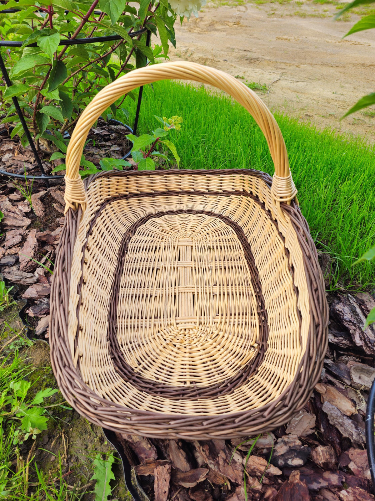 Top view of the handwoven wicker garden trug with a flat oval base and arched handle on bark mulch beside the lawn.