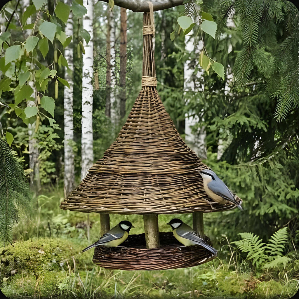 Large hanging bird table handwoven from willow with a conical roof, great tits and a nuthatch feeding on the platform in a birch woodland
