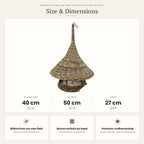 Size chart for the large hanging willow bird table with conical roof showing 40 cm diameter, 50 cm height and a 27 cm tray