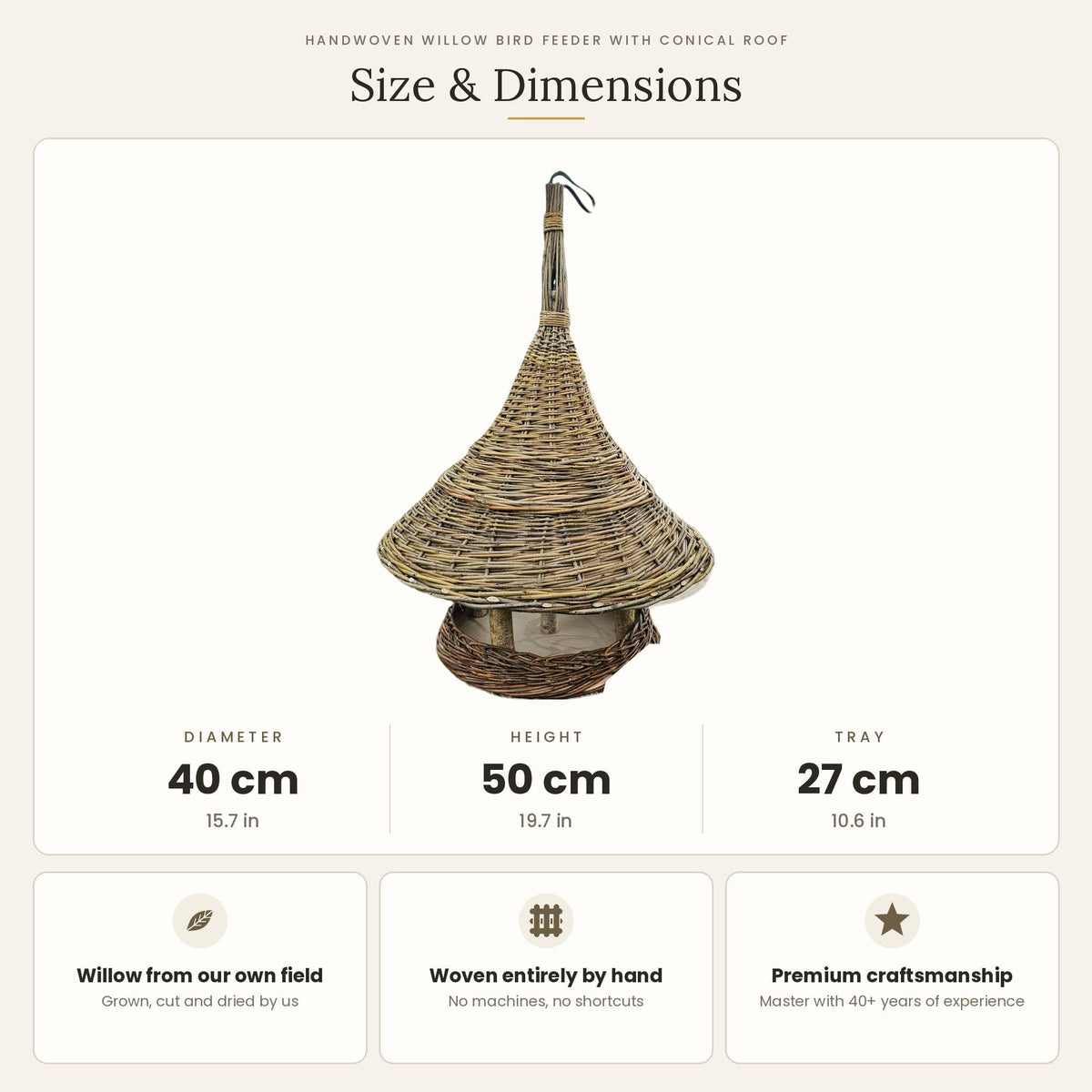 Size chart for the large hanging willow bird table with conical roof showing 40 cm diameter, 50 cm height and a 27 cm tray