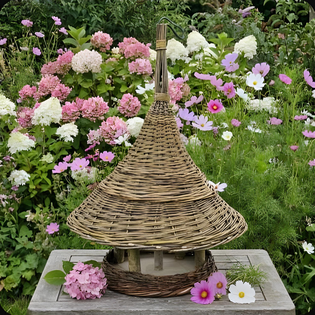 Large willow bird table with a cone-shaped roof on a garden bench among pink hydrangeas, cosmos and other summer flowers