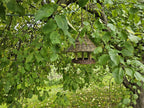 Willow bird table with a conical roof hanging under the leafy branches of a tree, seen from a distance in the garden