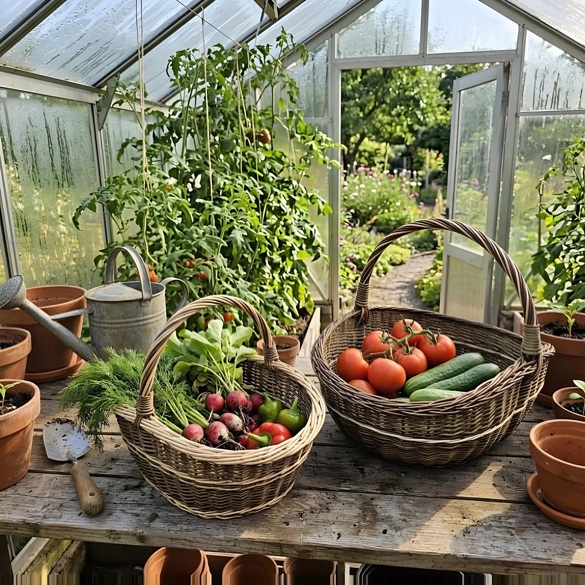 Both baskets of the set filled with freshly picked vegetables on a greenhouse bench