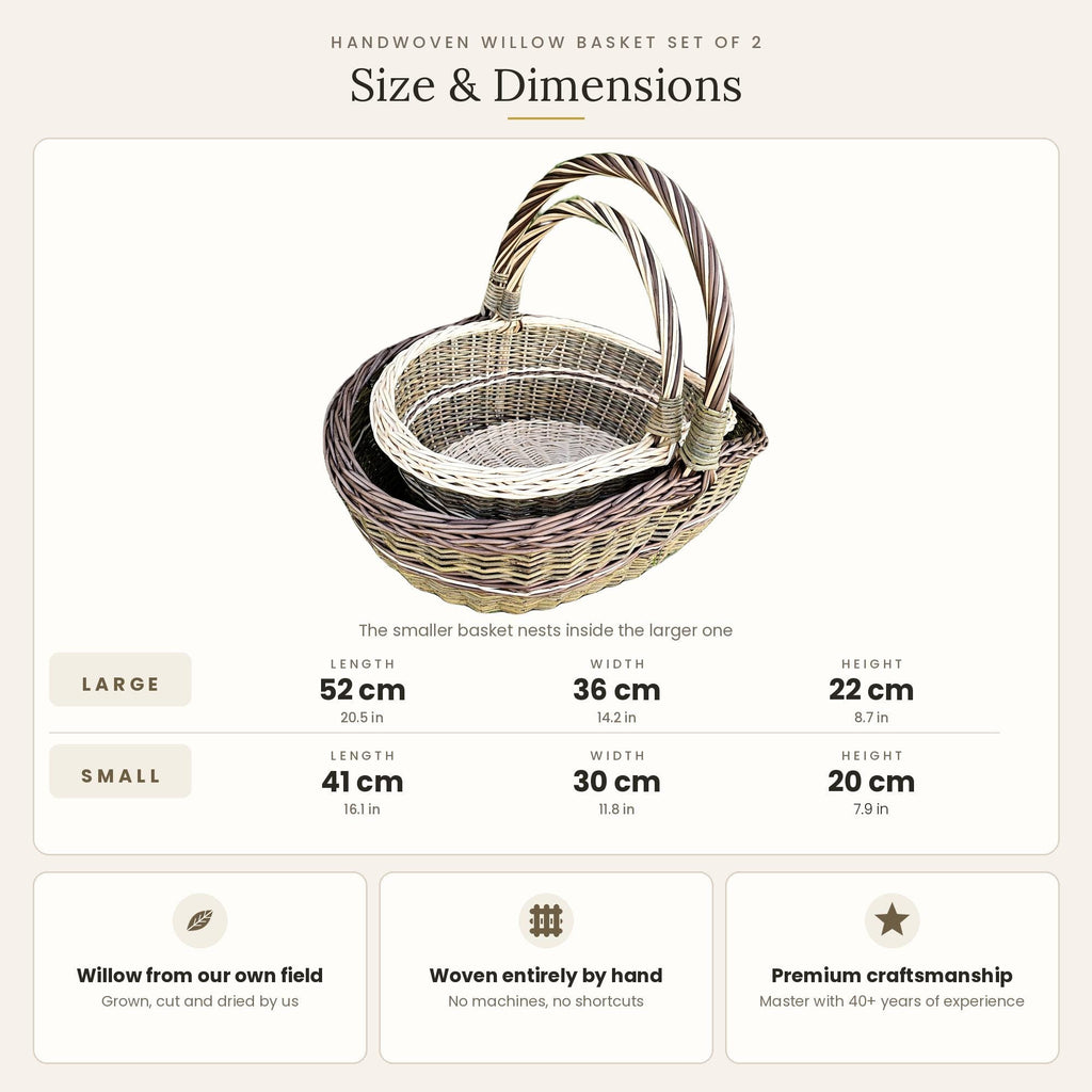 Size guide for the set: large basket 52 x 36 x 22 cm and small basket 41 x 30 x 20 cm, the smaller nesting inside the larger
