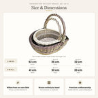 Size guide for the set: large basket 52 x 36 x 22 cm and small basket 41 x 30 x 20 cm, the smaller nesting inside the larger